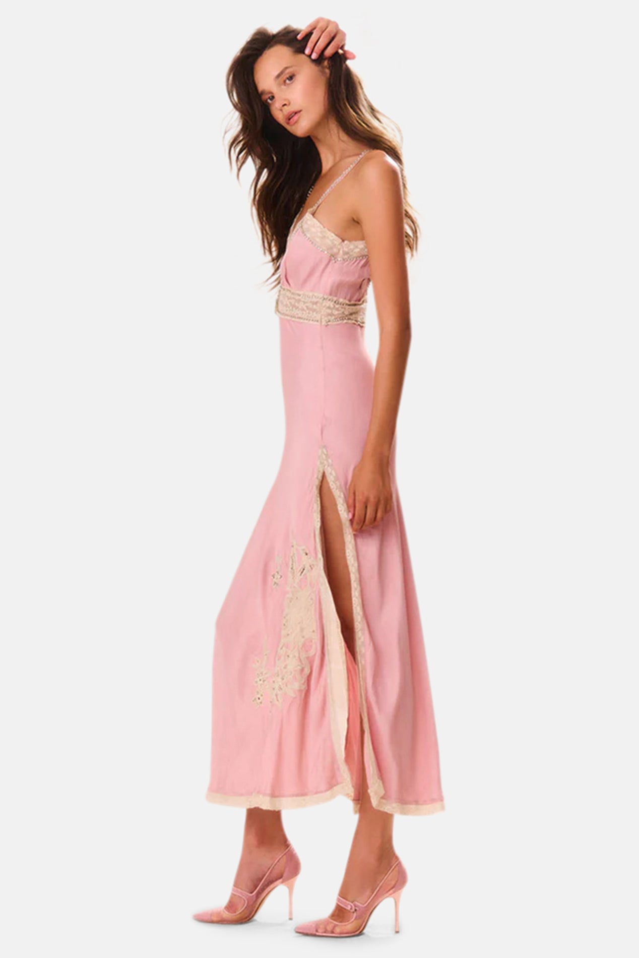 LOVESHACKFANCY Valea Embellished Satin Maxi Dress Ash Pink