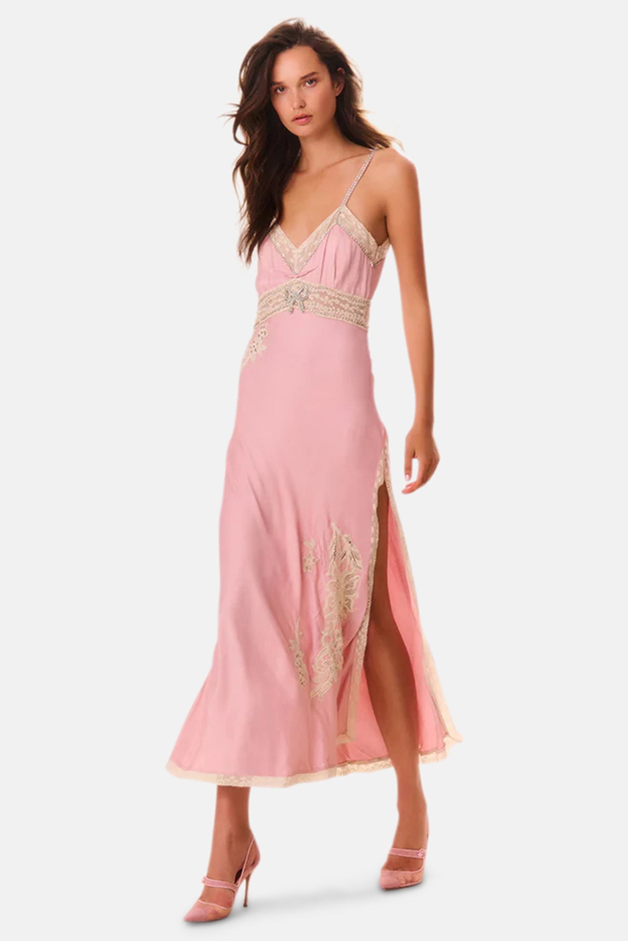 LOVESHACKFANCY Valea Embellished Satin Maxi Dress Ash Pink