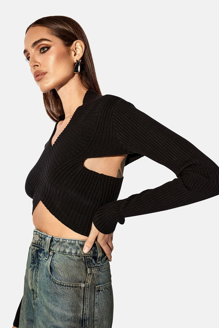 Long Sleeve Cropped Knit Top Black