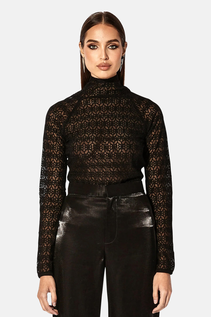 Embroidered Mock Neck Top Black