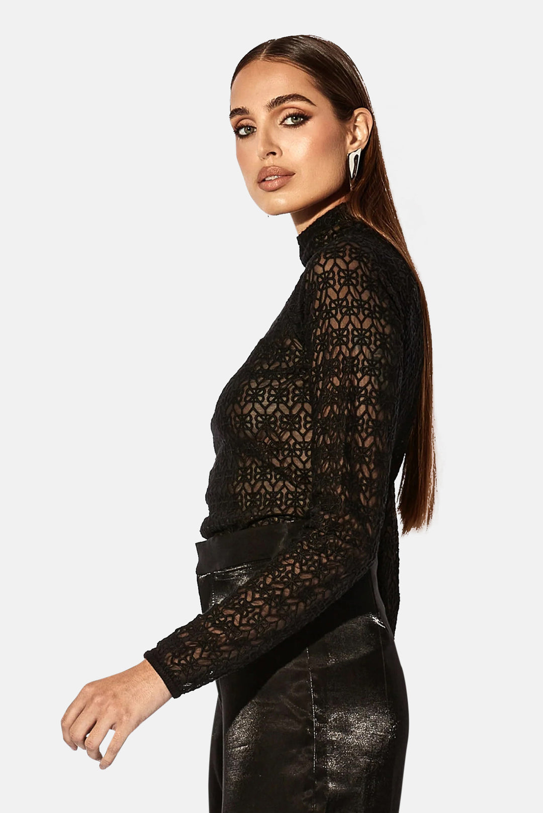 Embroidered Mock Neck Top Black