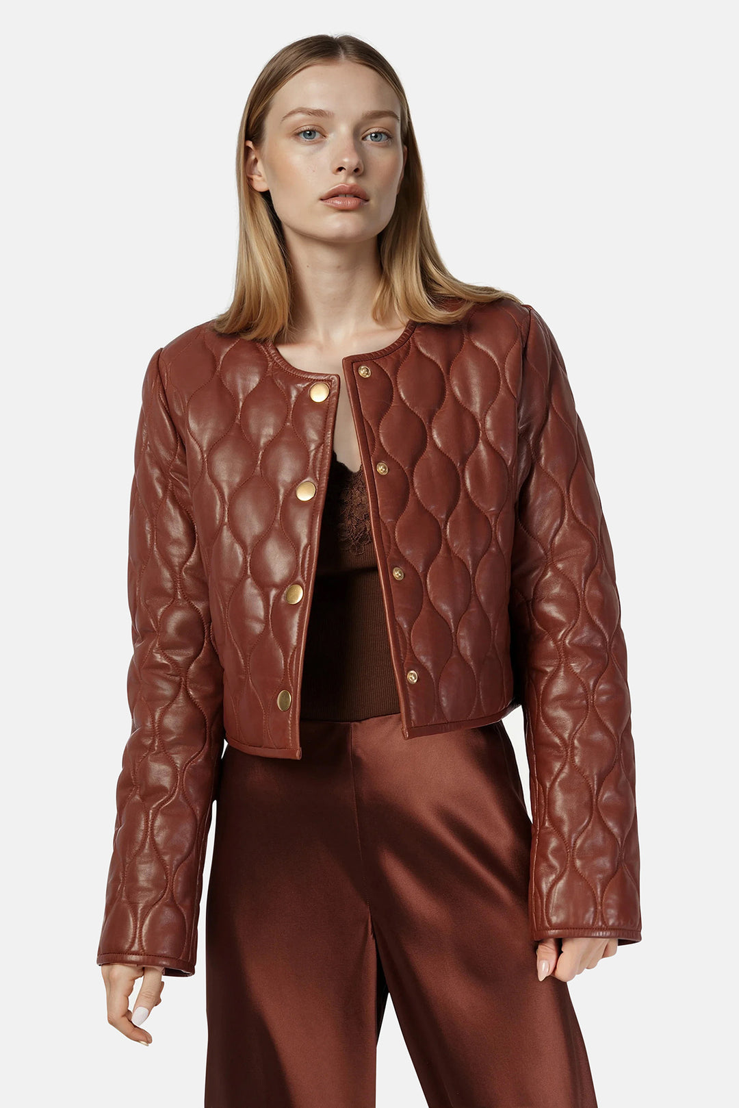 Wanda Genuine Leather Cropped Jacket Mousse