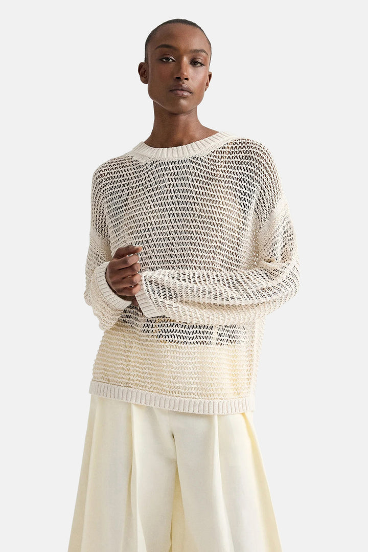 Wide Crew L/S Pullover In Silk Viscose White