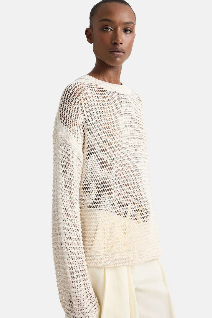 Wide Crew L/S Pullover In Silk Viscose White