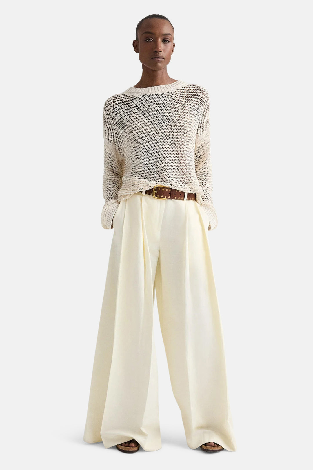 Wide Crew L/S Pullover In Silk Viscose White