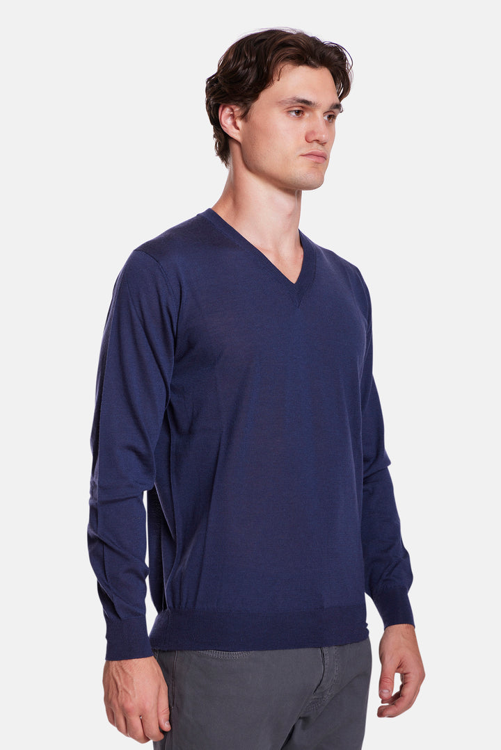 Wool Silk Cashmere V-Neck Blue