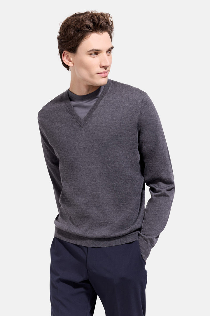 Wool Silk Cashmere V-Neck Charcoal