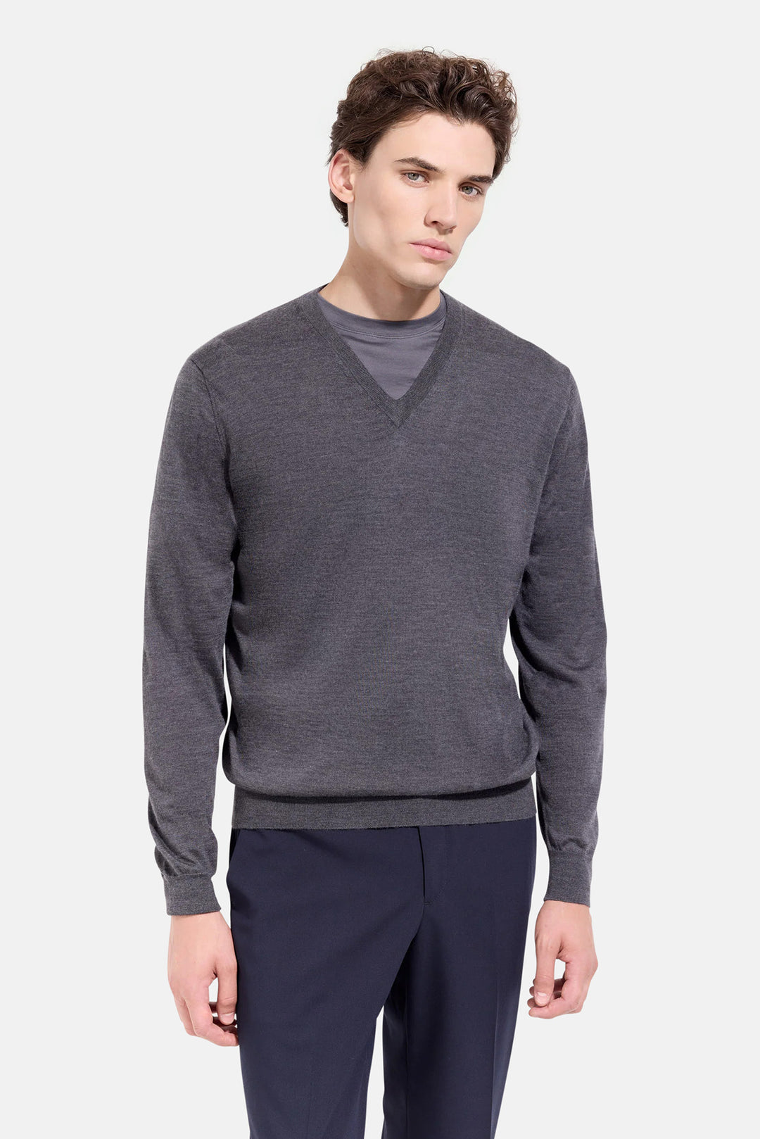 Wool Silk Cashmere V-Neck Charcoal