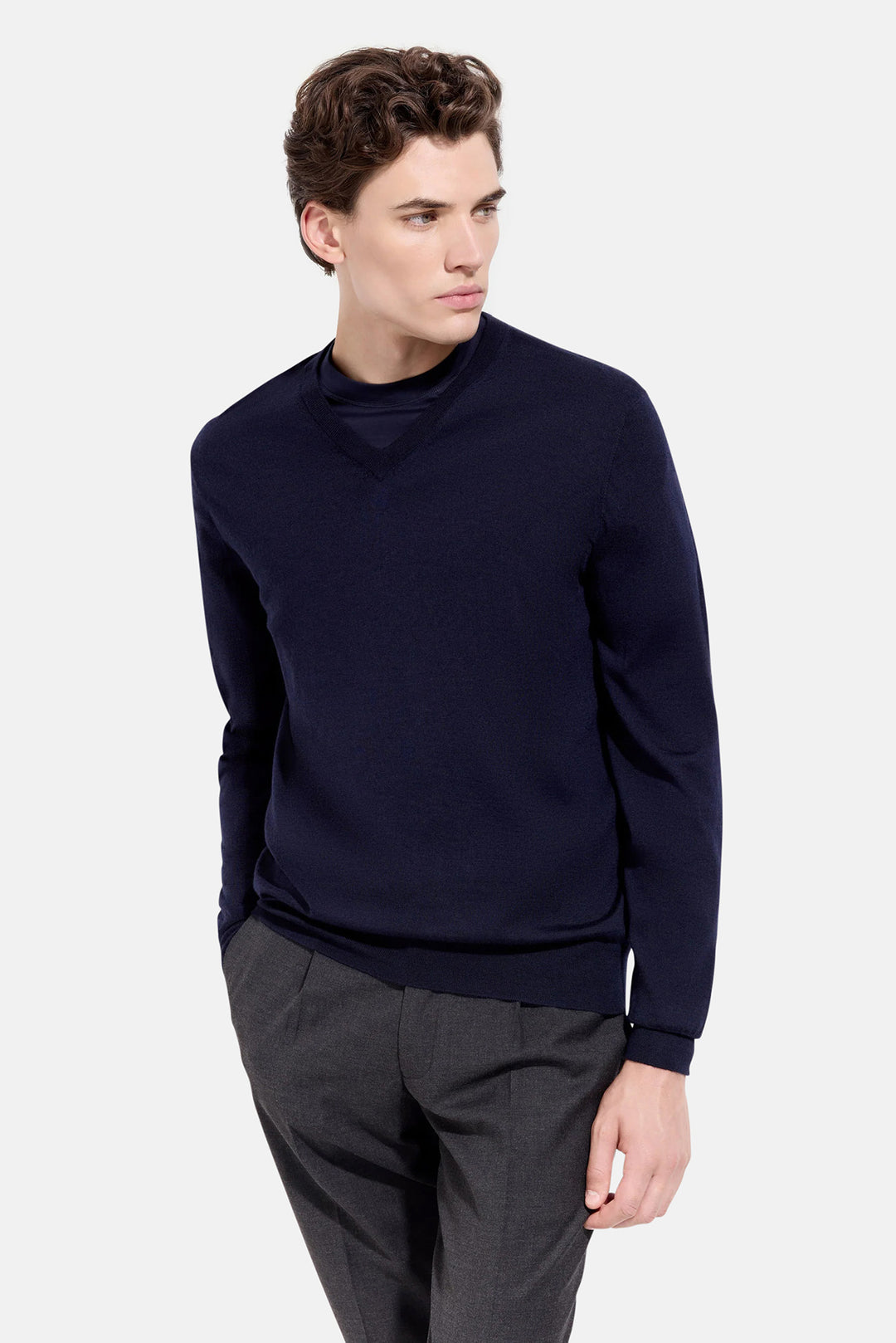 Wool Silk Cashmere V-Neck Navy