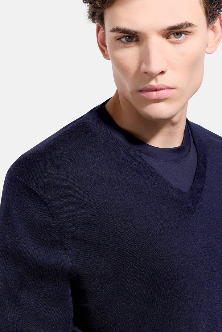 Wool Silk Cashmere V-Neck Navy