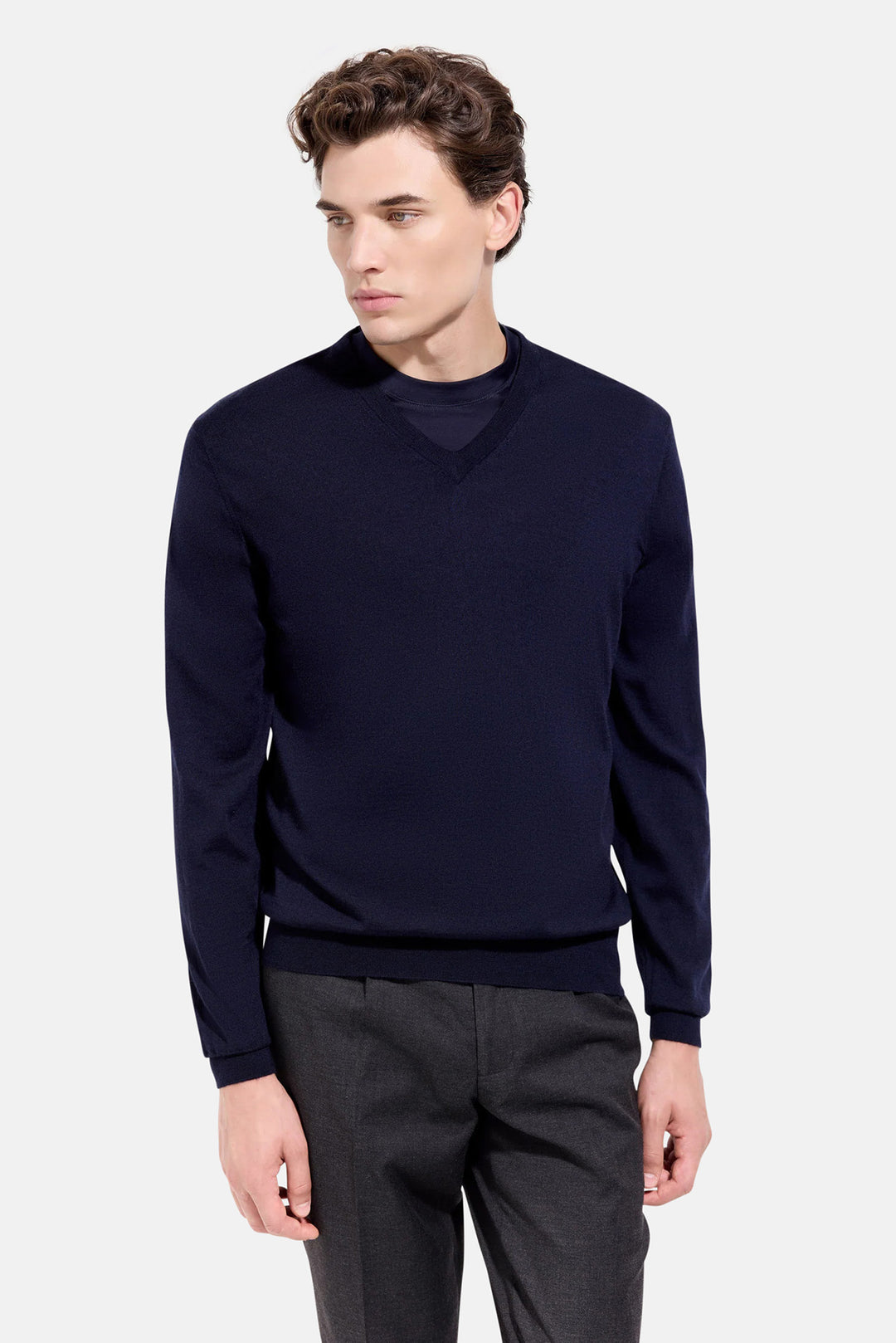 Wool Silk Cashmere V-Neck Navy