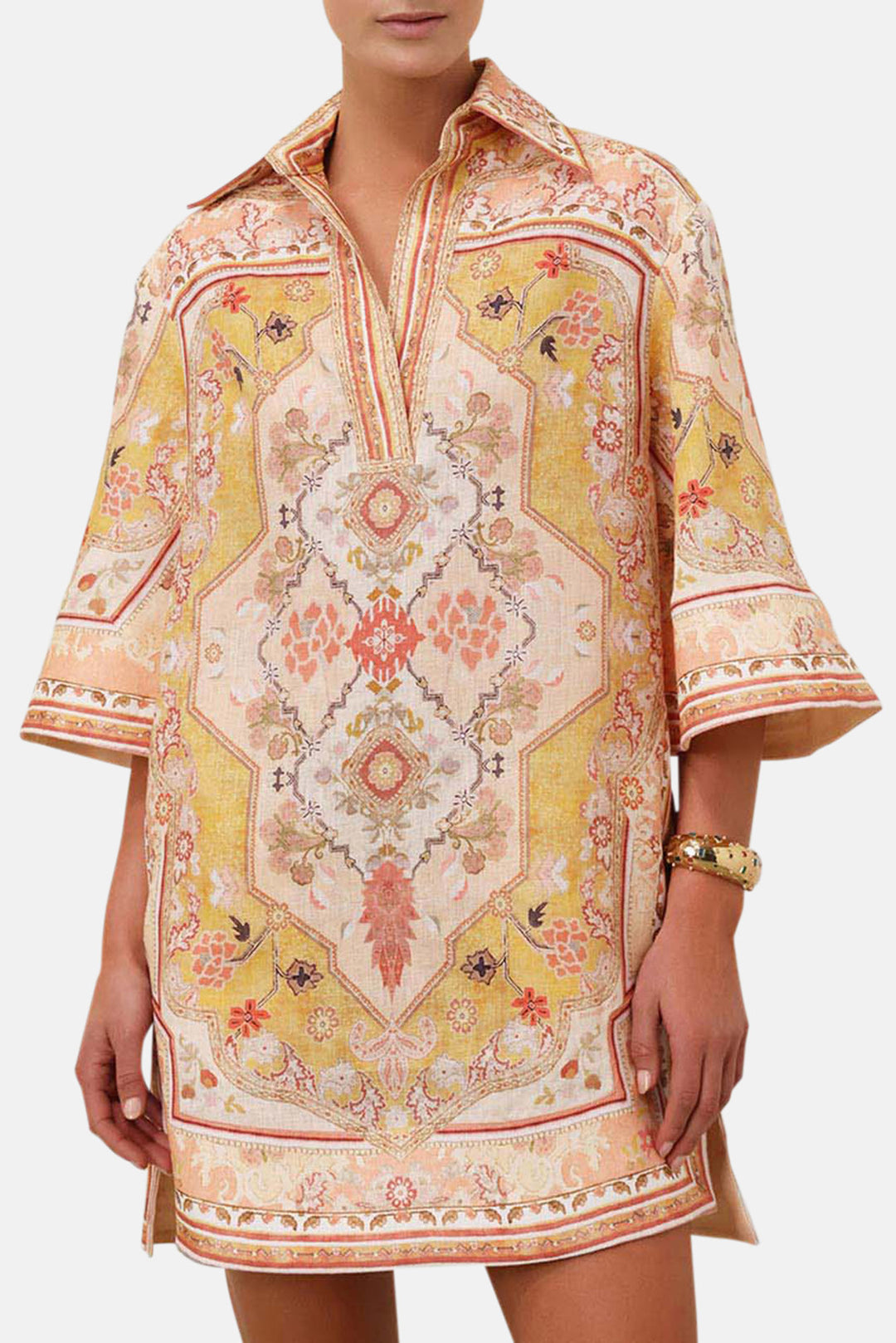 Zimmermann Wylie Tunic Dress, Mustard Multi, Size 0, 100% Linen Zimmermann Wylie Tunic Dress, Mustard Multi, Size 0, 100% Linen