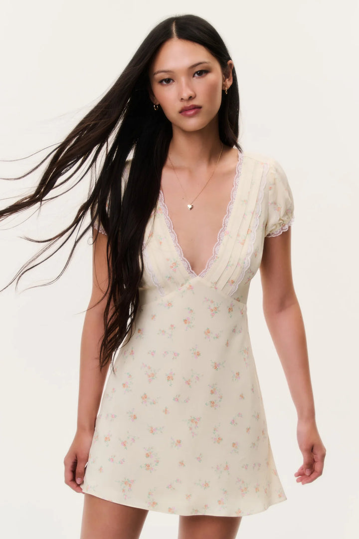 Yasmin Floral Lace-Trimmed Mini Dress Lemon Haze