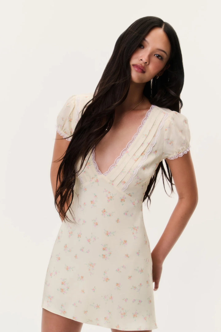 Yasmin Floral Lace-Trimmed Mini Dress Lemon Haze