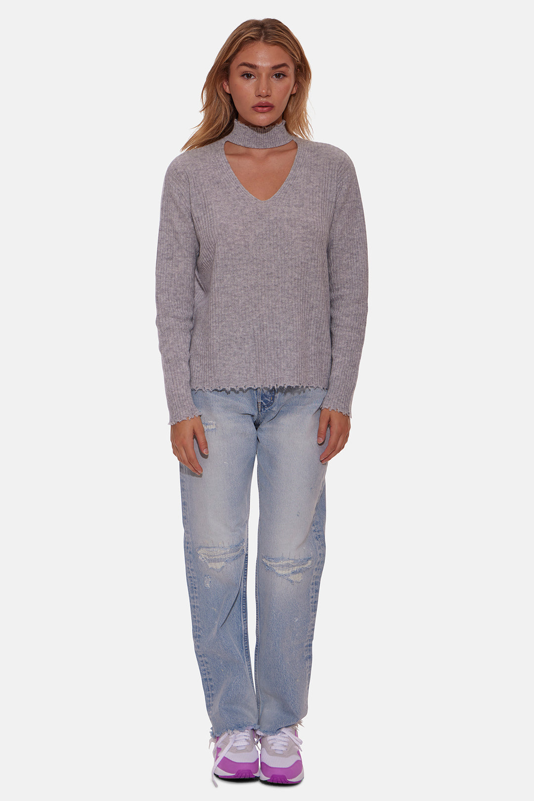 Taylor Cashmere Choker V Neck Sweater Storm