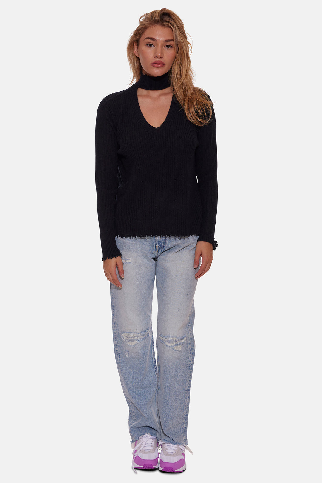 Taylor Cashmere Choker V Neck Sweater Black