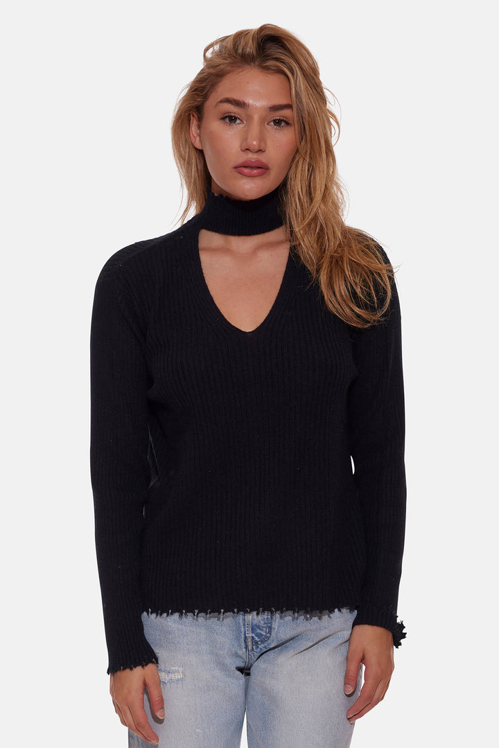 Taylor Cashmere Choker V Neck Sweater Black