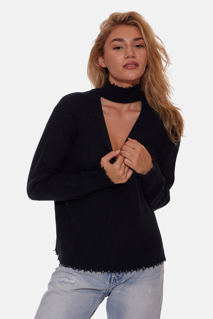 Taylor Cashmere Choker V Neck Sweater Black