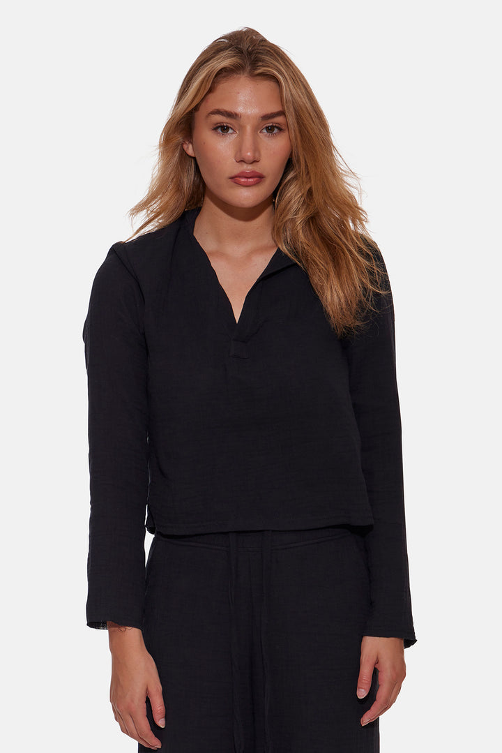 Cassie Gauze Polo Top Black