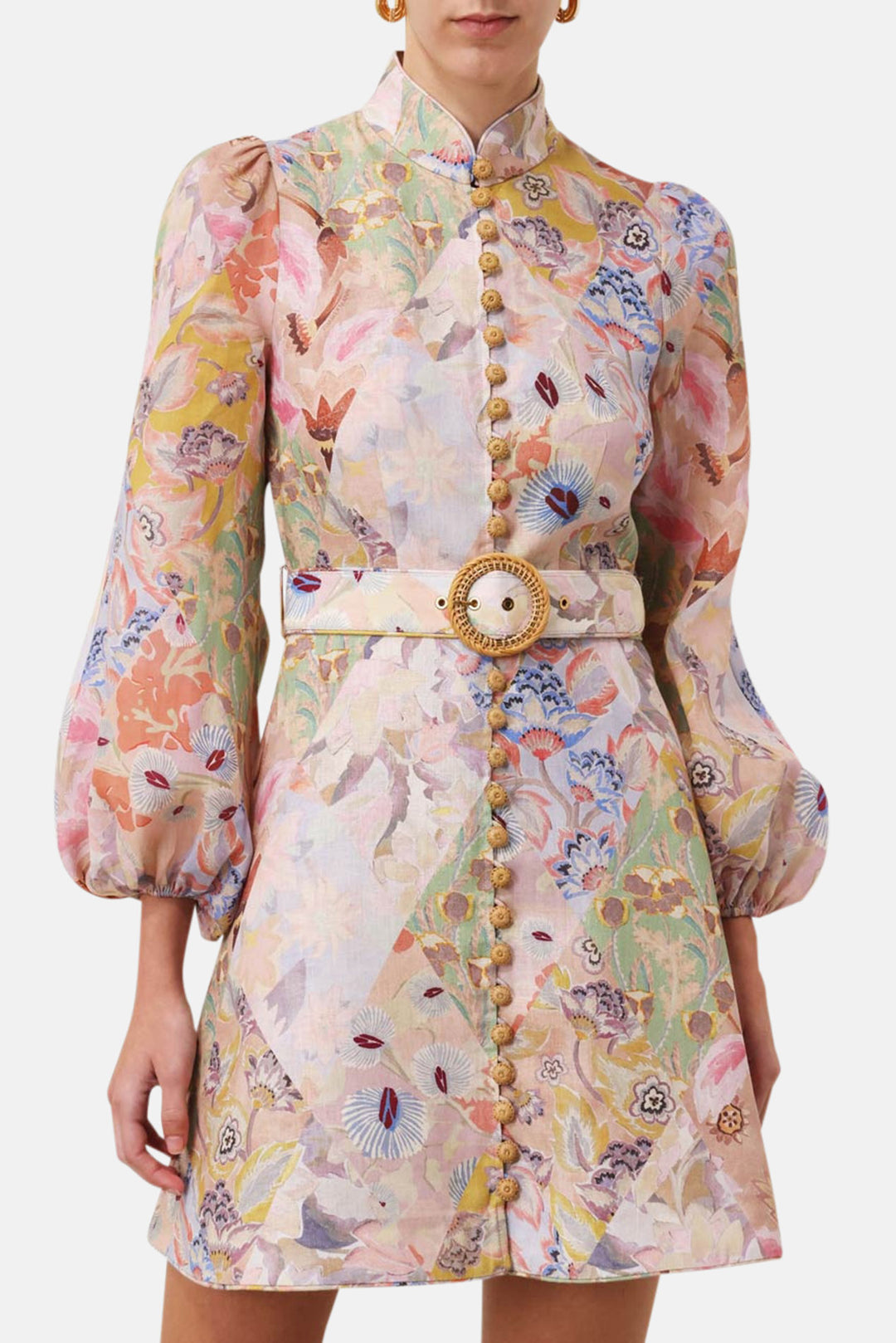 Zimmermann Illustration Belted Mini Dress, Multi Floral Diamond, Size 1 Zimmermann Illustration Belted Mini Dress, Multi Floral Diamond, Size 1
