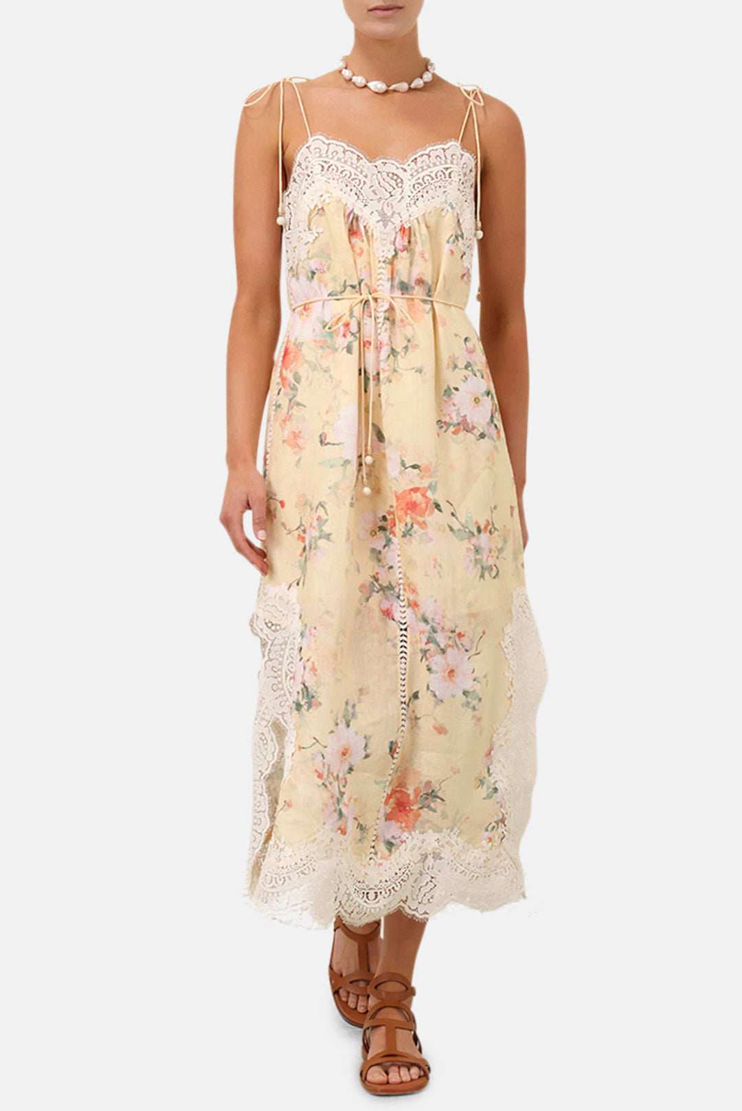Everley Lace Trim Slip Dress Yellow Watercolour Floral Everley Lace Trim Slip Dress Yellow Watercolour Floral