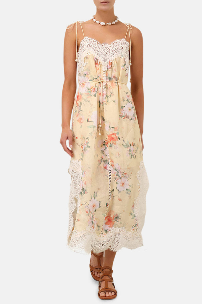 Everley Lace Trim Slip Dress Yellow Watercolour Floral Everley Lace Trim Slip Dress Yellow Watercolour Floral