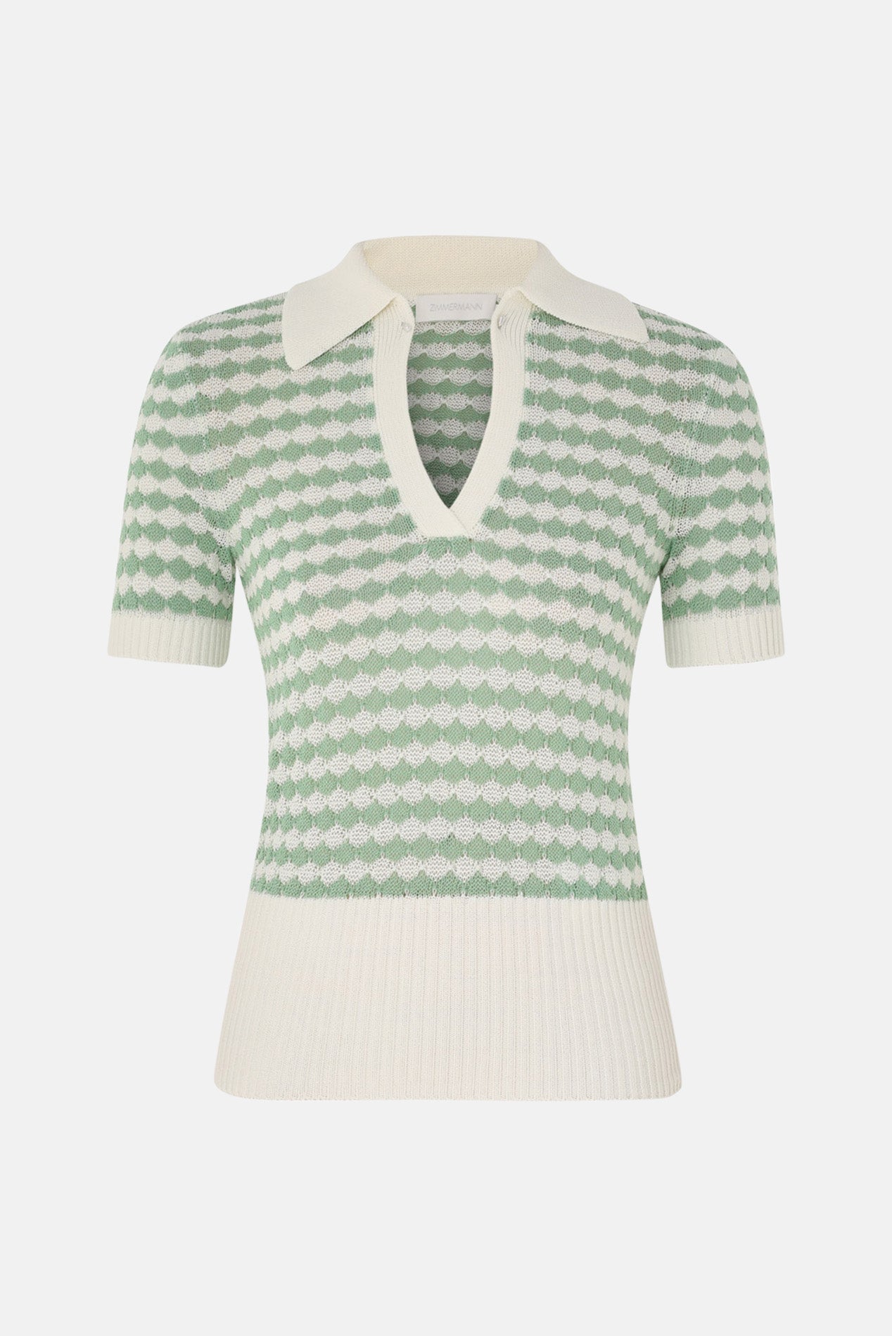 Zimmermann Everley Scallop Knit Polo Tee Green Cream – blueandcream