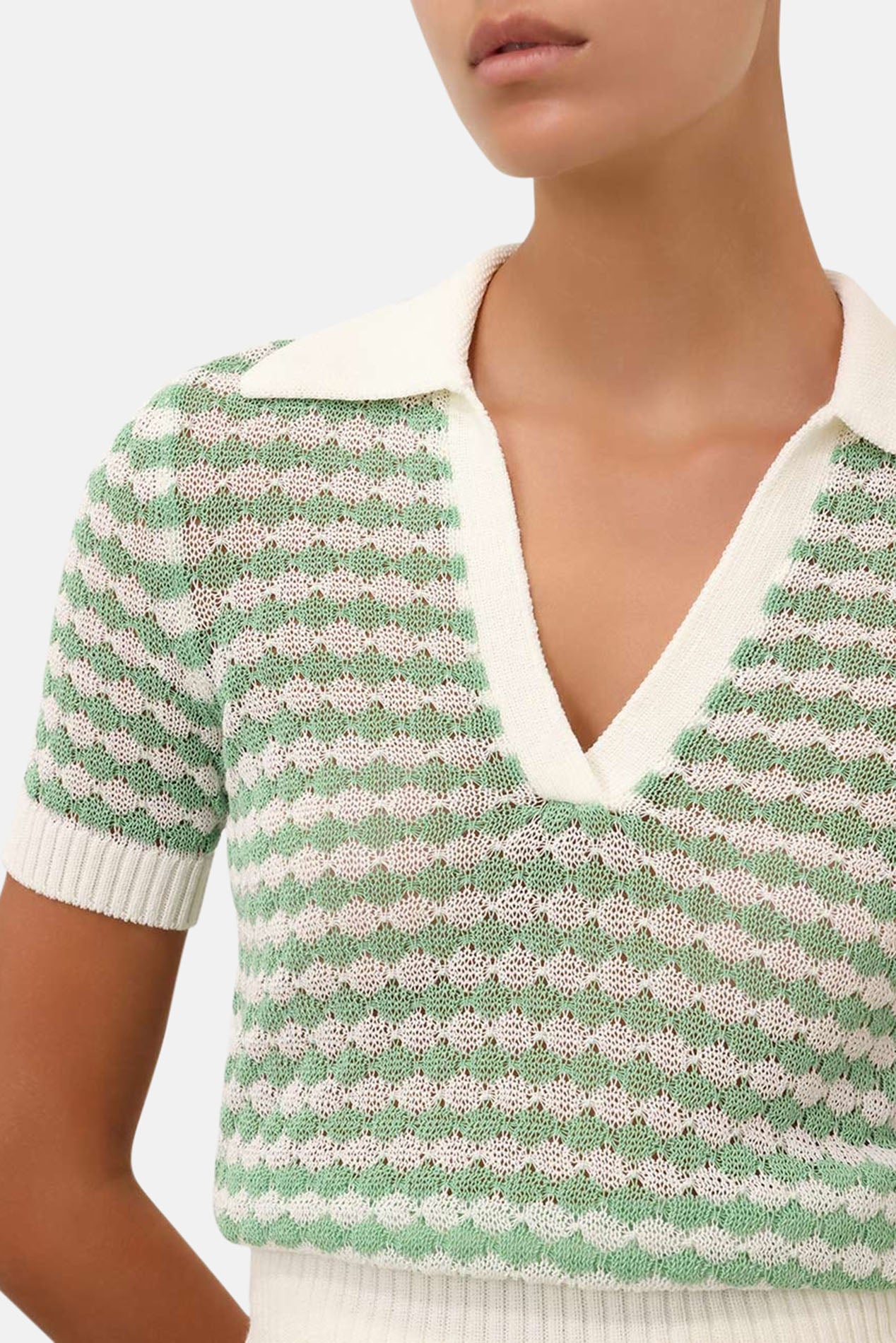 Zimmermann Everley Scallop Knit Polo Tee Green Cream – blueandcream