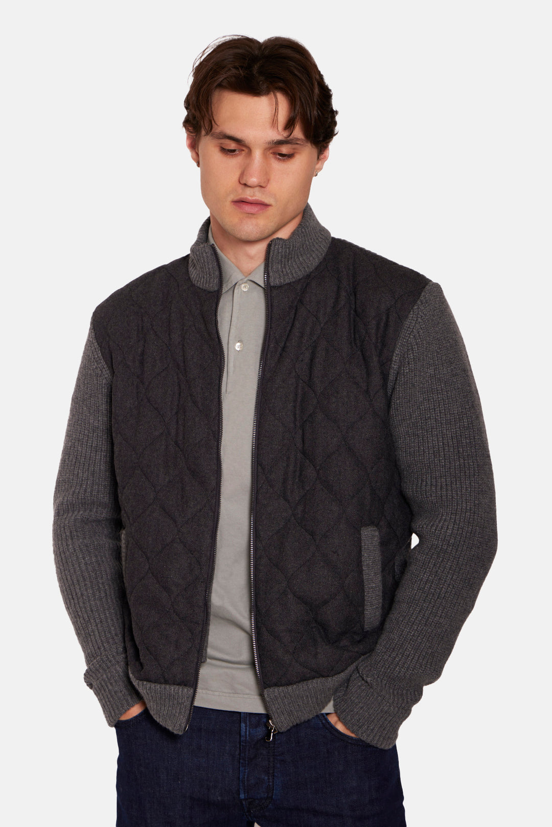 Cashmere Quilted Combo Zip Dark Grey