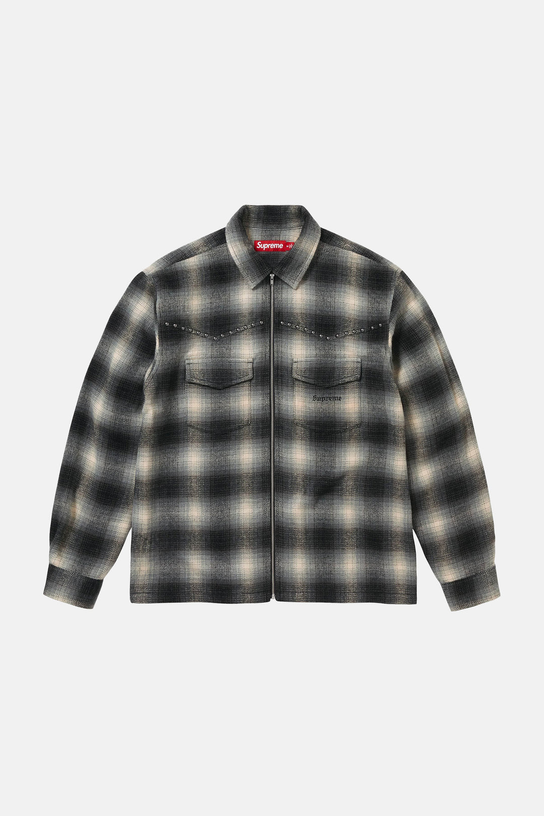 Studded Shadow Plaid Zip Up Shirt Black