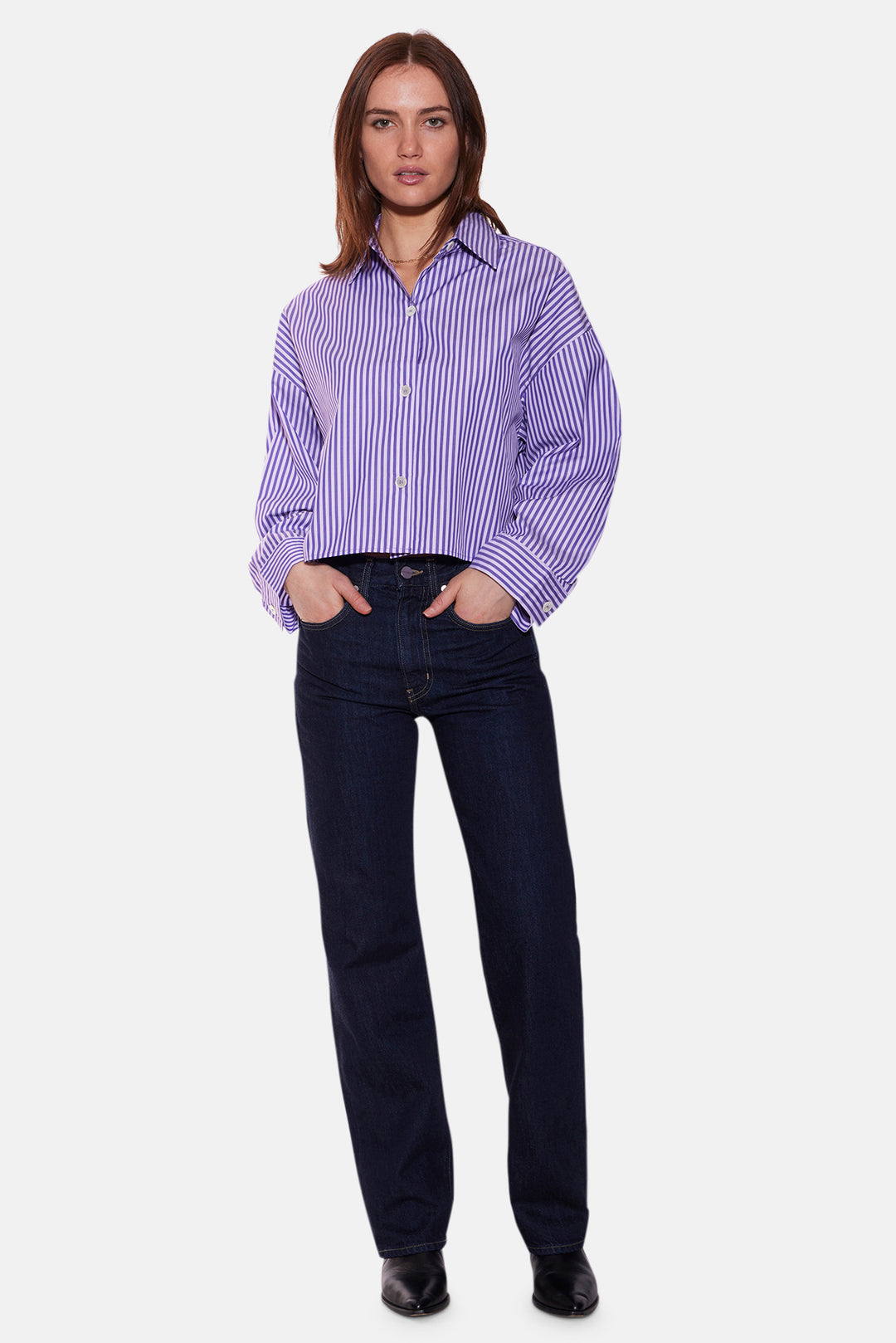 Gansett Poplin Crop Shirt Purple/Pink Stripe