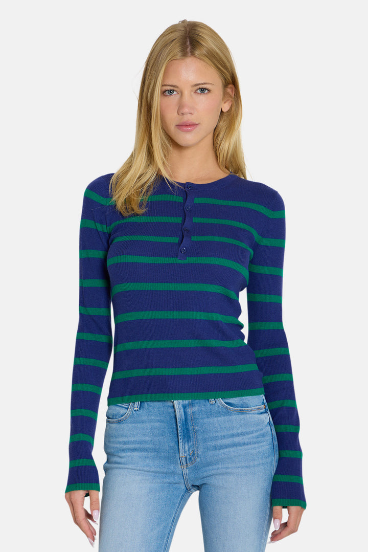 Sylvia Striped Henley Marine Blue/Green Stripe