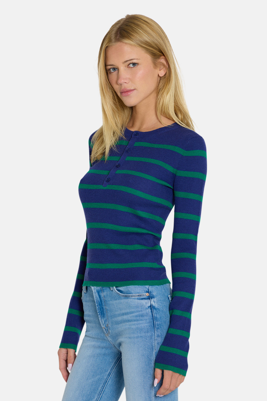Sylvia Striped Henley Marine Blue/Green Stripe
