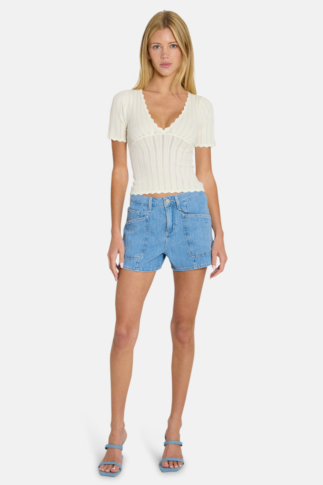 Kaia Pointelle V-Neck Top Ivory
