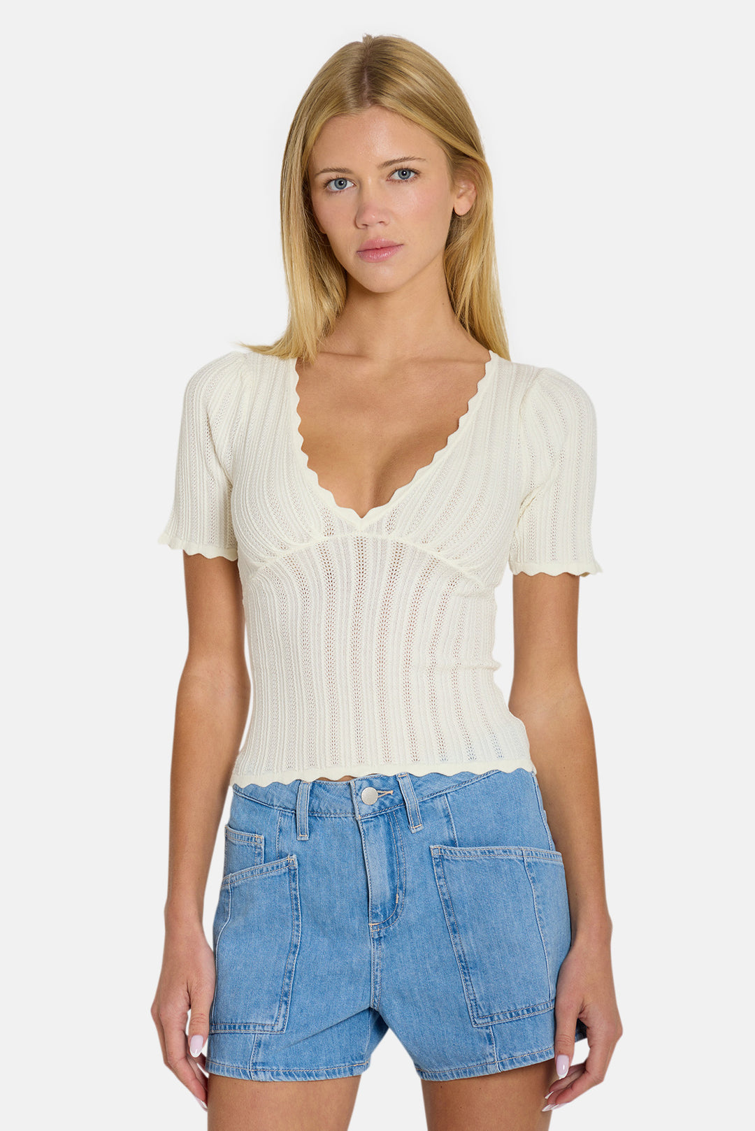 Kaia Pointelle V-Neck Top Ivory