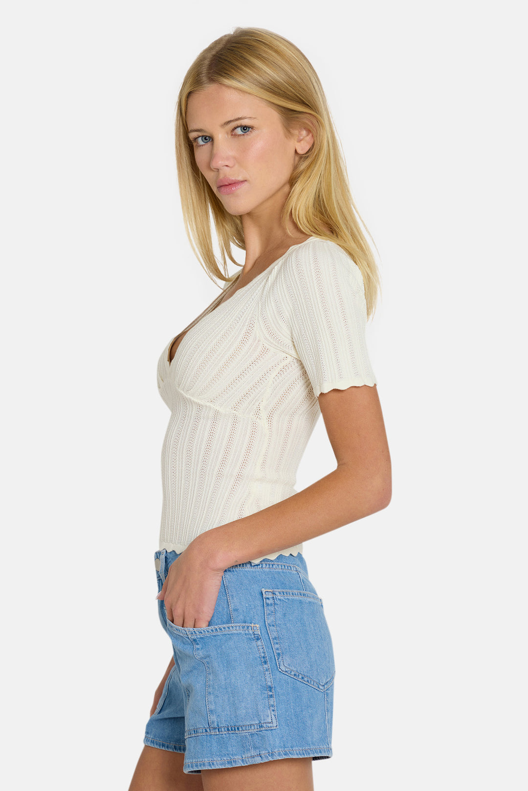 Kaia Pointelle V-Neck Top Ivory