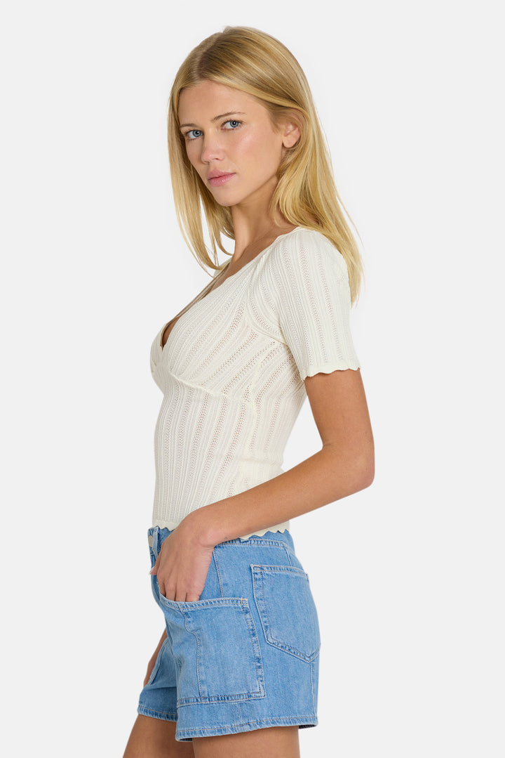 Kaia Pointelle V-Neck Top Ivory