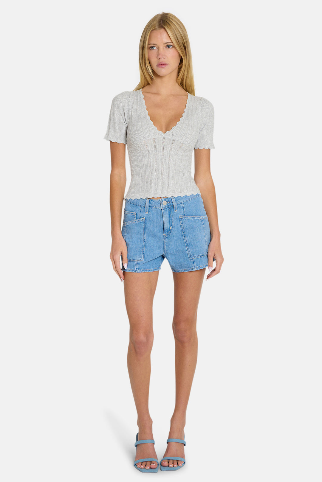 Kaia Pointelle V-Neck Top Grey