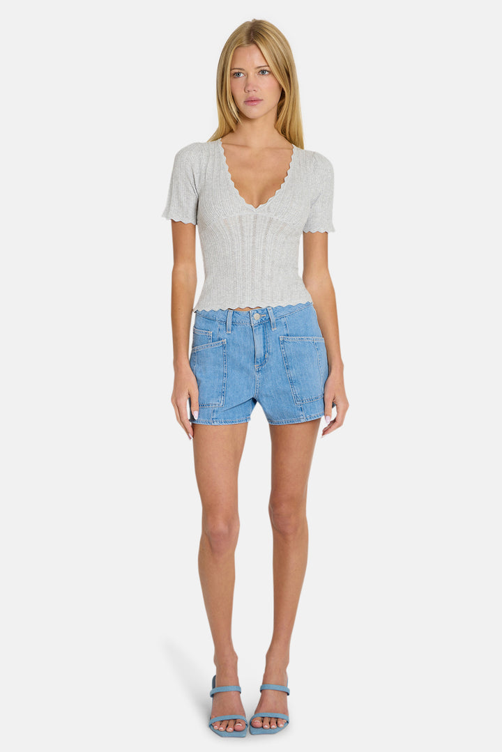 Kaia Pointelle V-Neck Top Grey