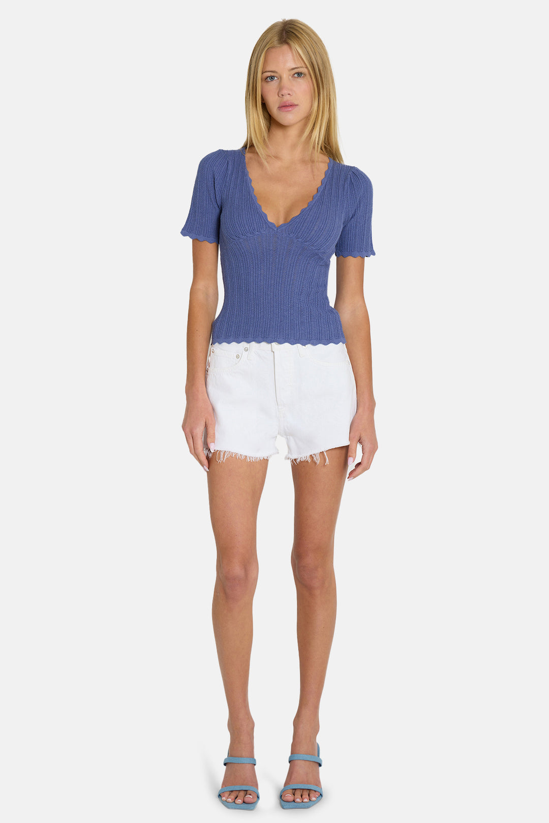 Kaia Pointelle V-Neck Top Blue