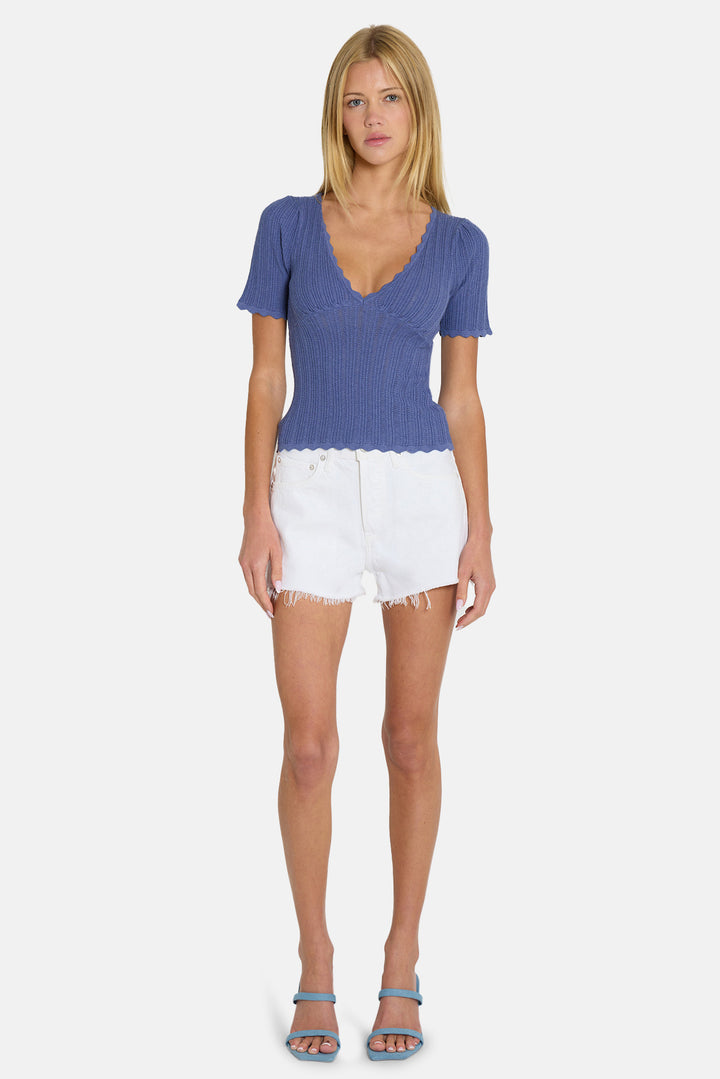 Kaia Pointelle V-Neck Top Blue