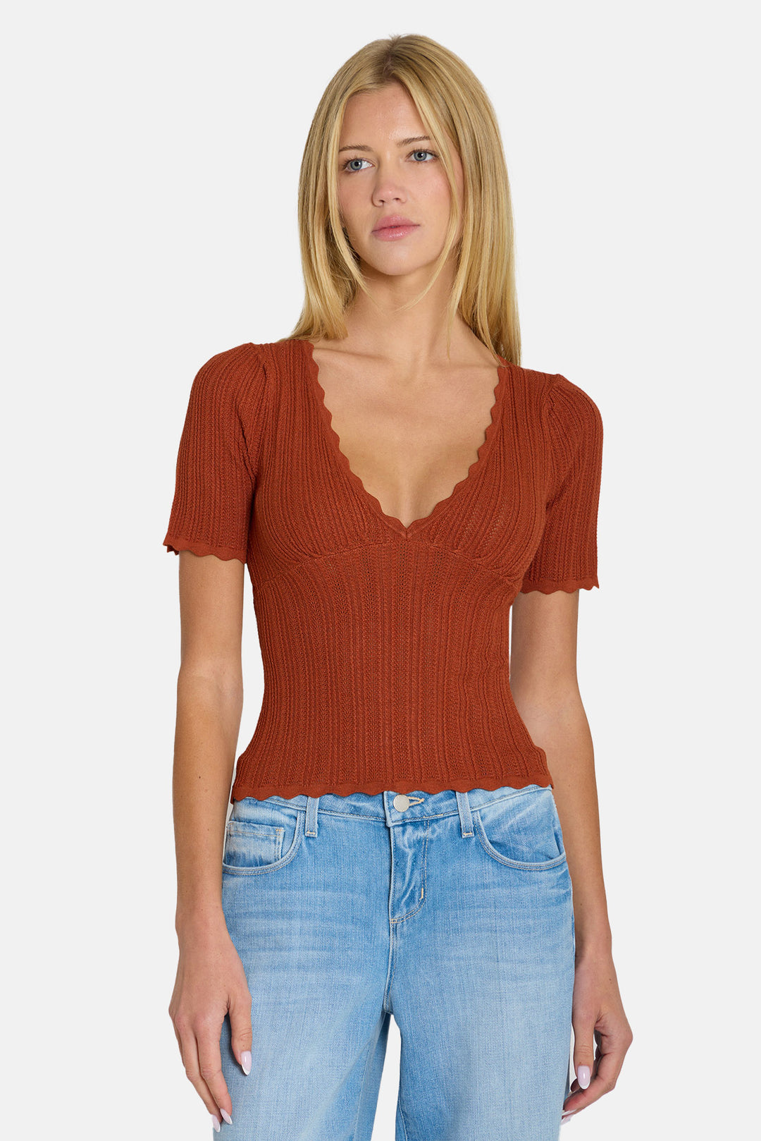 Kaia Pointelle V-Neck Top Rust