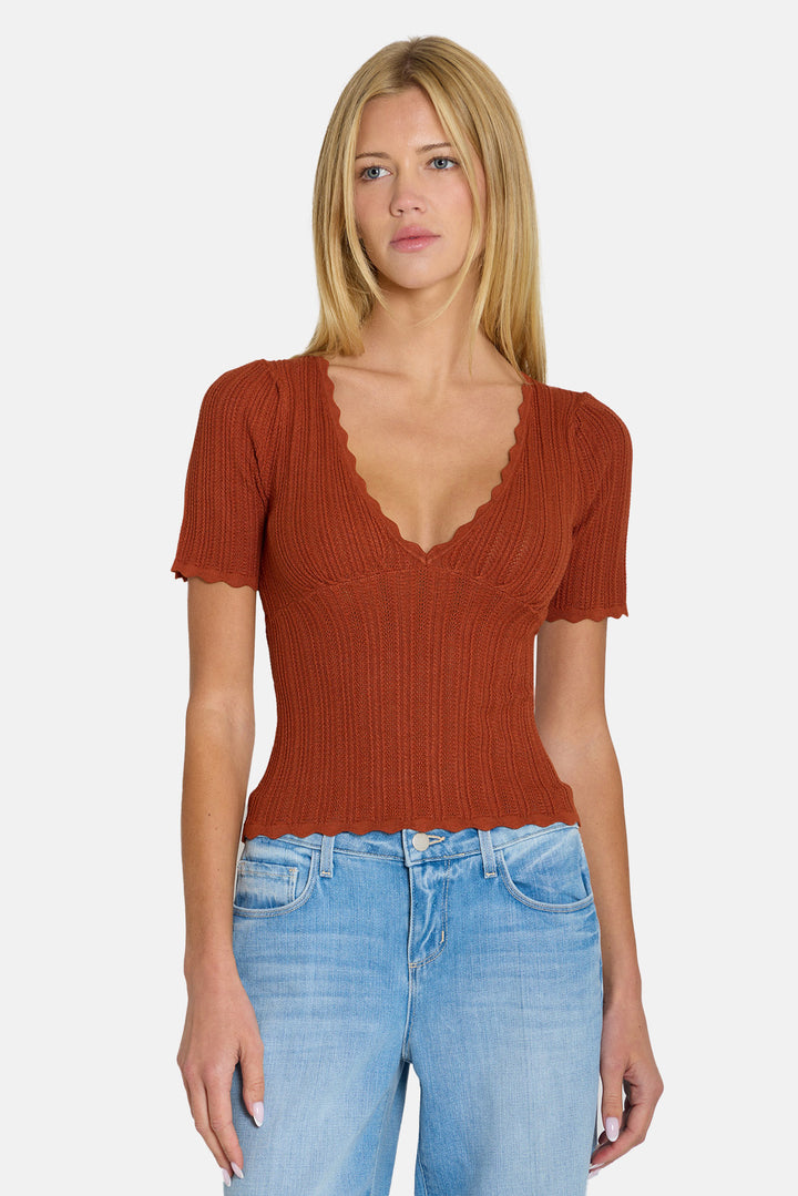 Kaia Pointelle V-Neck Top Rust