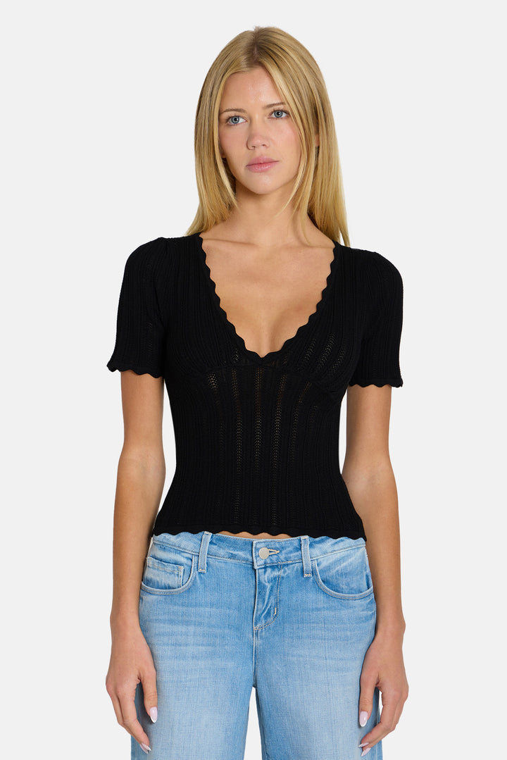 Kaia Pointelle V-Neck Top Black