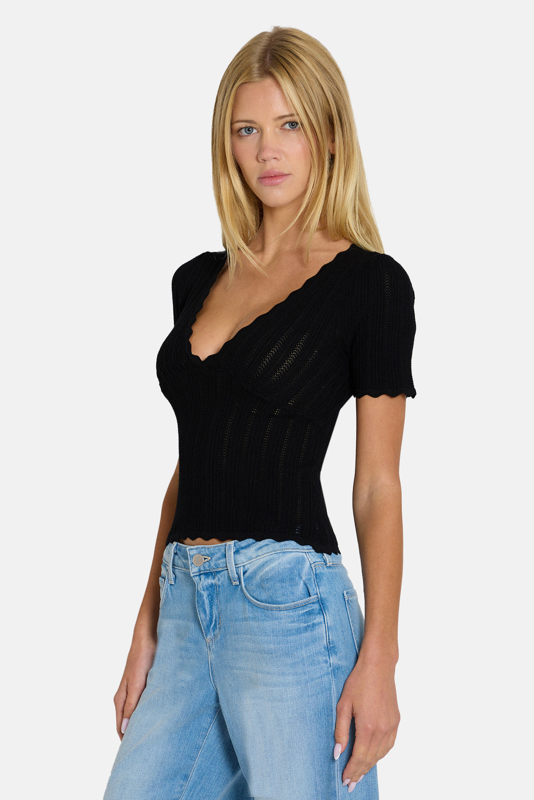 Kaia Pointelle V-Neck Top Black