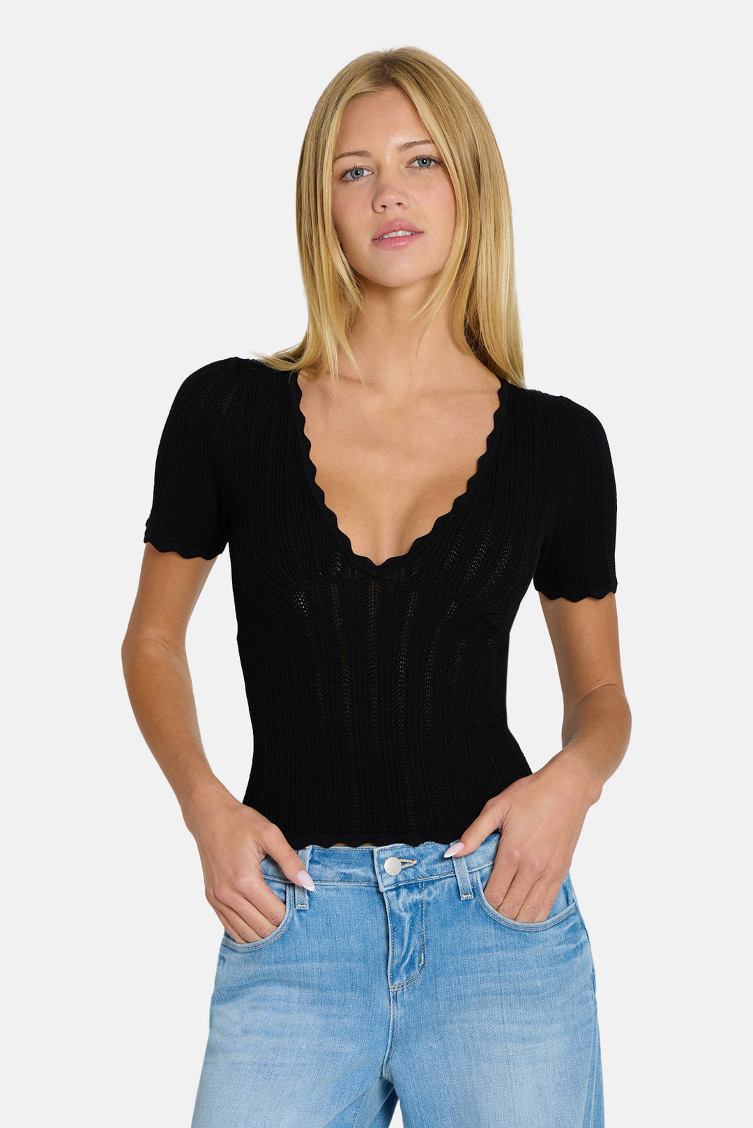 Kaia Pointelle V-Neck Top Black