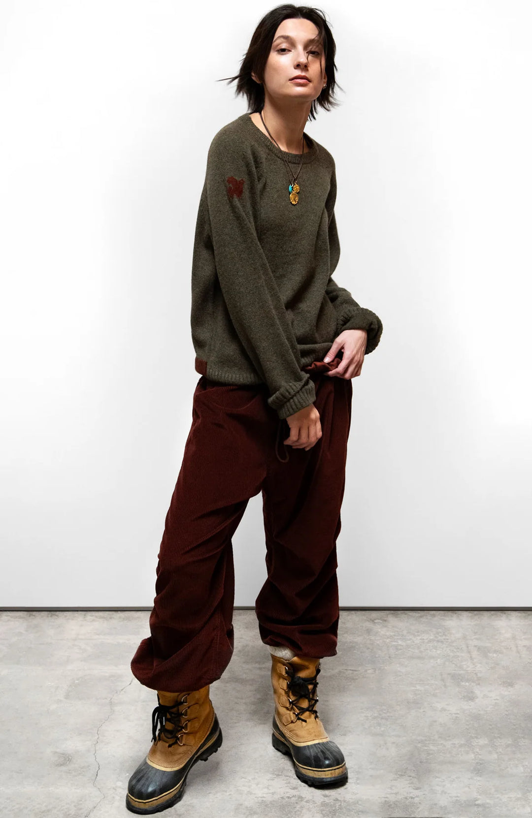Cashmereblend Loose Drawcord Biggy Corduroy Pant - Woods