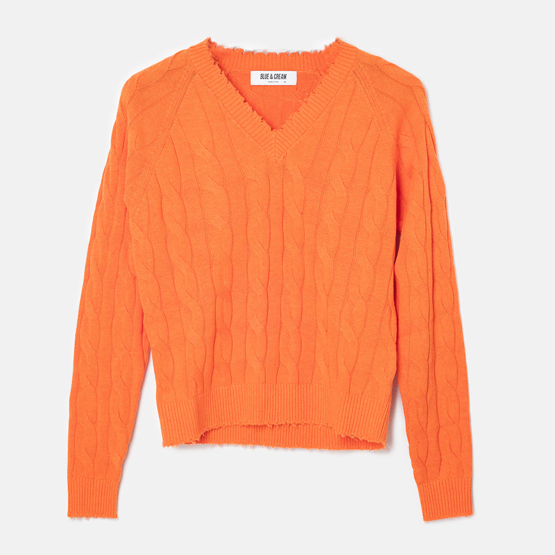 Amber Cable V Neck Sweater Bright Orange