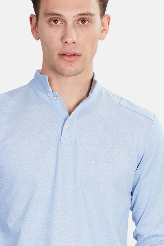 Military Long Sleeve Pop Collar Polo Oxford Blue - blueandcream