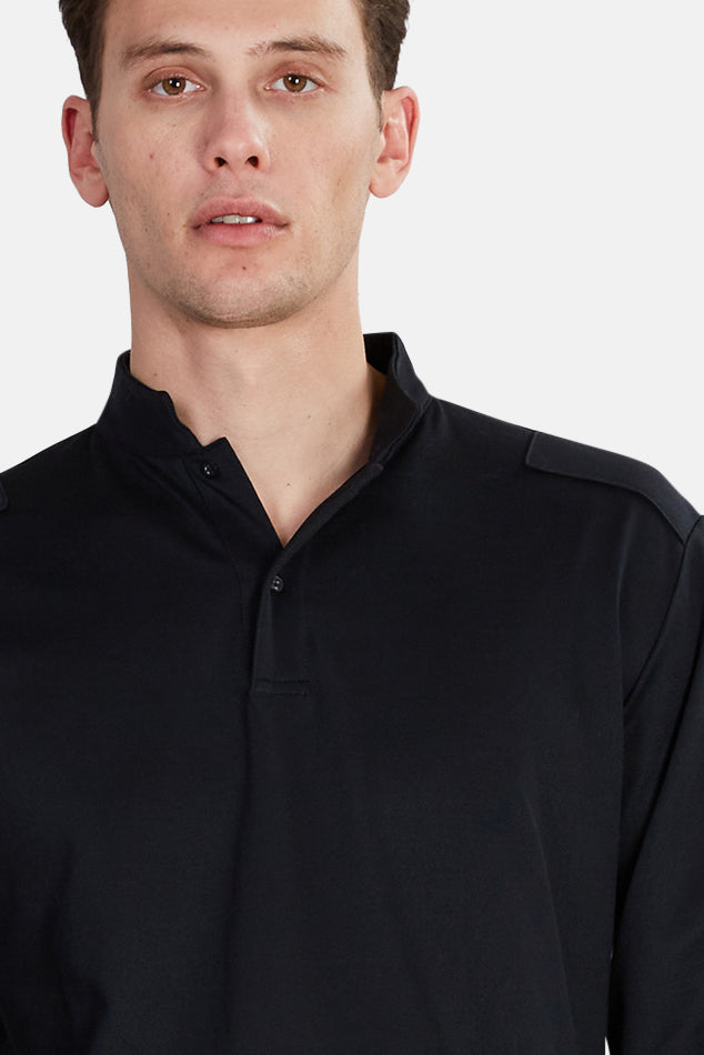 Long Sleeve Military Pop Collar Polo Black - blueandcream
